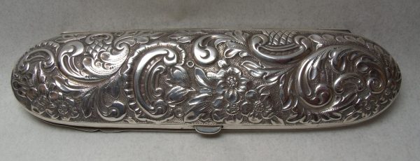 Decoration on bottom of Victorian sterling silver spectacles case