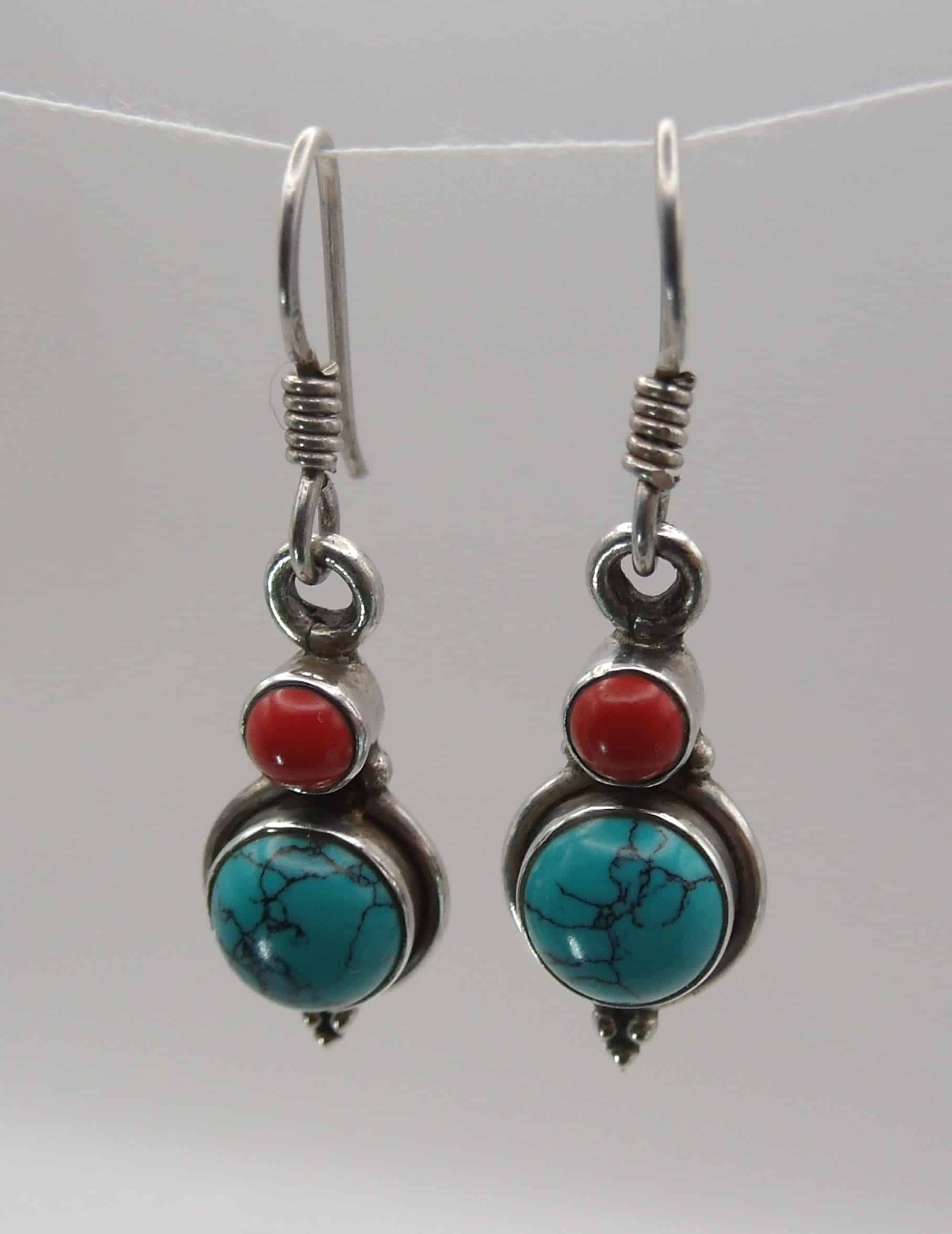Turquoise & Coral Silver Earrings