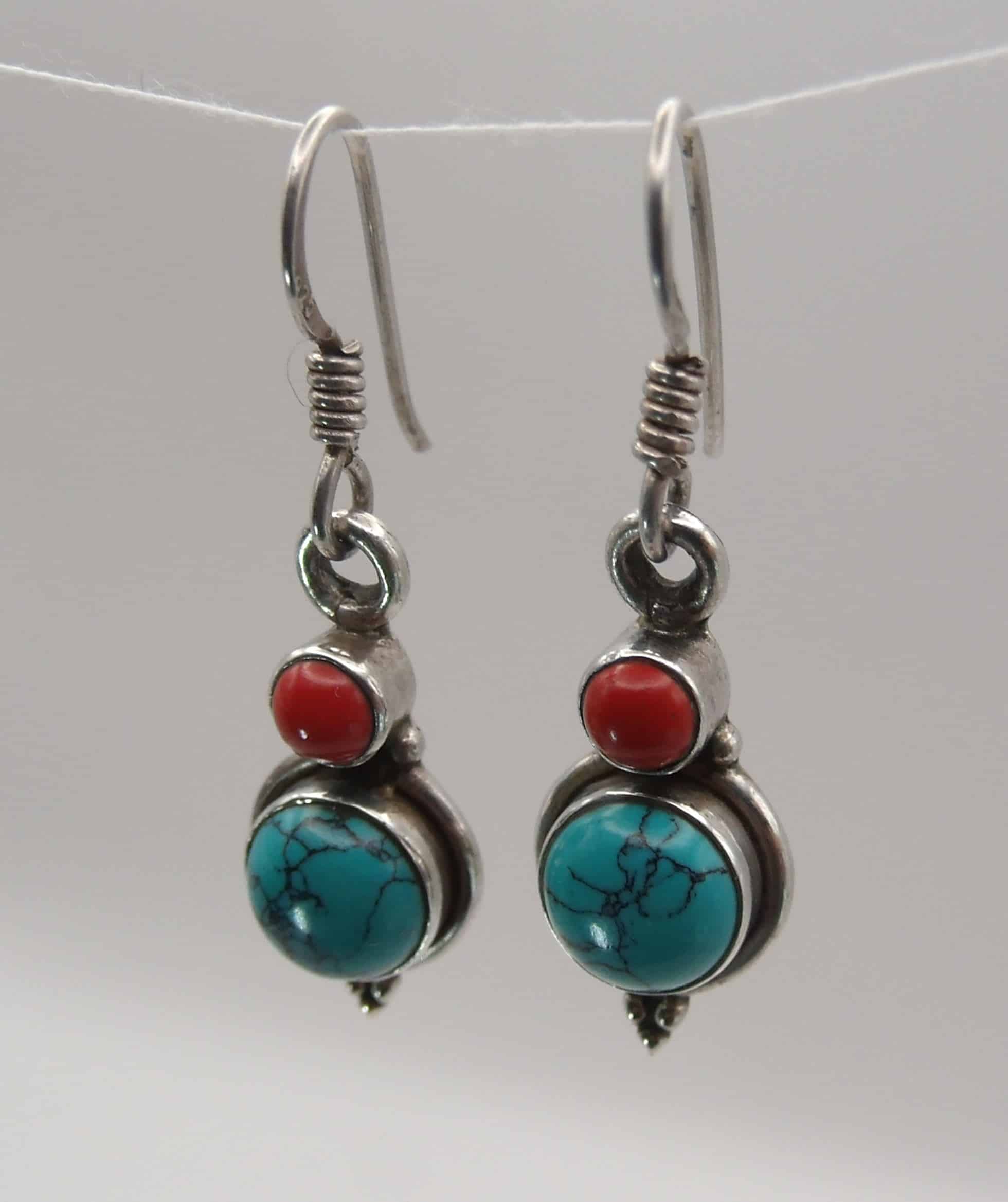 Turquoise & Coral Silver Earrings