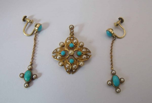 18ct Gold Turquoise & Seed Pearl Pendant & Earrings