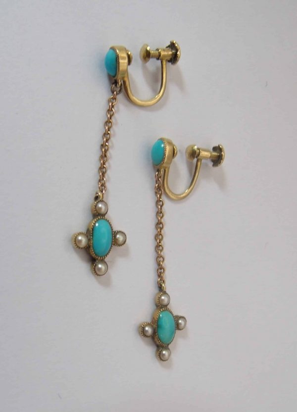 18ct Gold Turquoise & Seed Pearl Earrings
