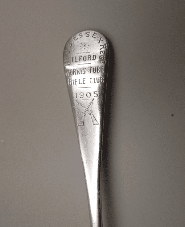Engraving on handle of 1st Volunteer Battalion Essex Regiment Silver Spoon