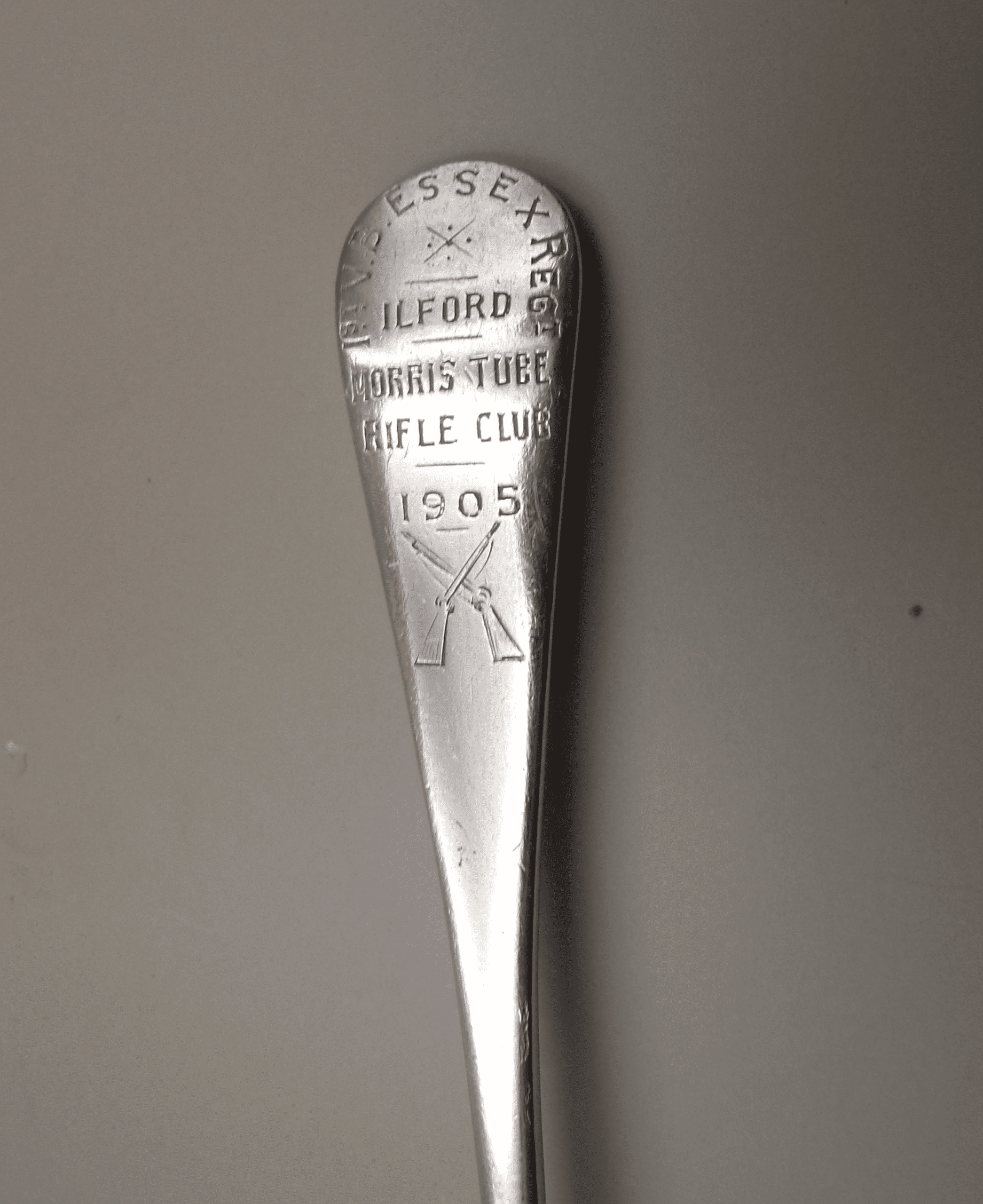 Engraving on handle of 1st Volunteer Battalion Essex Regiment Silver Spoon