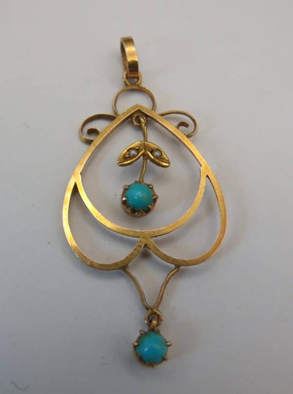 9Ct Gold Turquoise & Seed Pearl Pendant