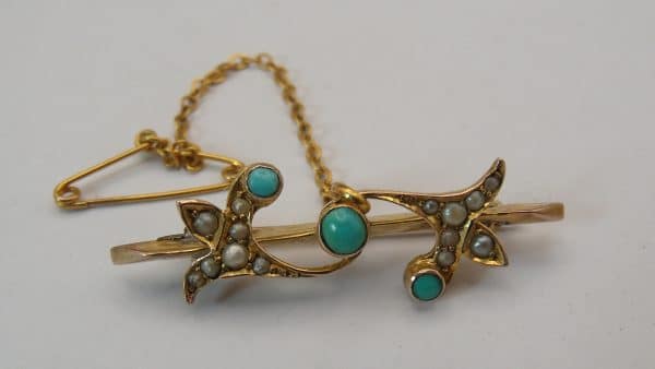 Gold Turquoise & Seed Pearl Brooch