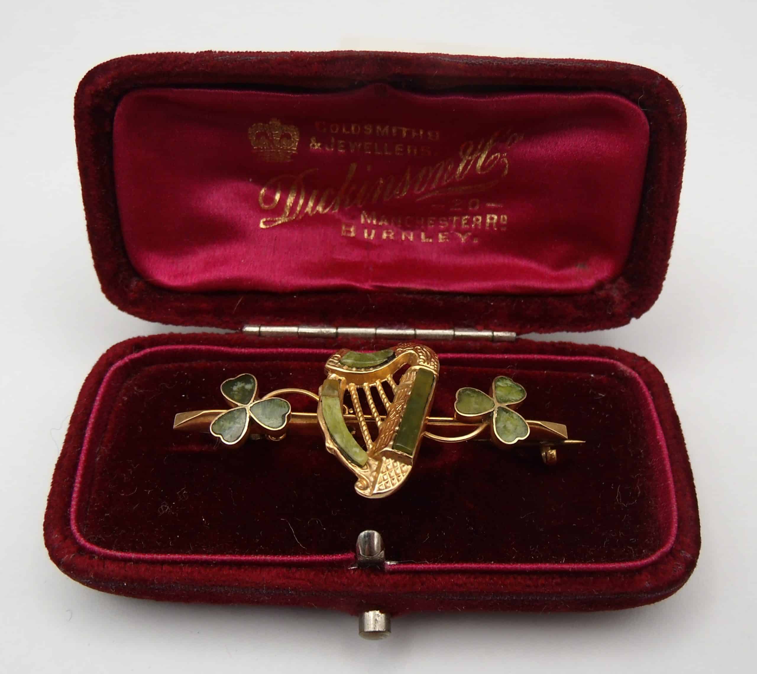Edwardian 9ct Gold and Connemara marble bar brooch